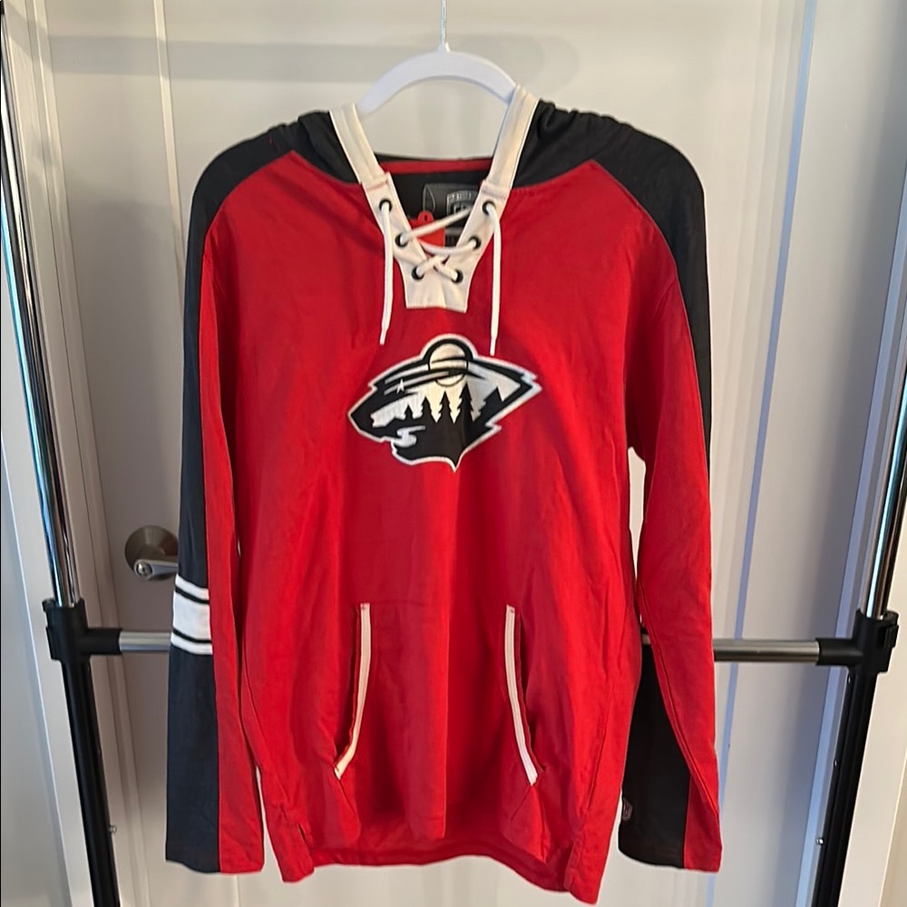 Minnesota Wild Red and Black Long Sleeve Hooded Tee with Bold Accents